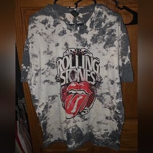 Mens The Rolling Stones Black & White Tie-Dye Kids Tee with Red Tongue Logo